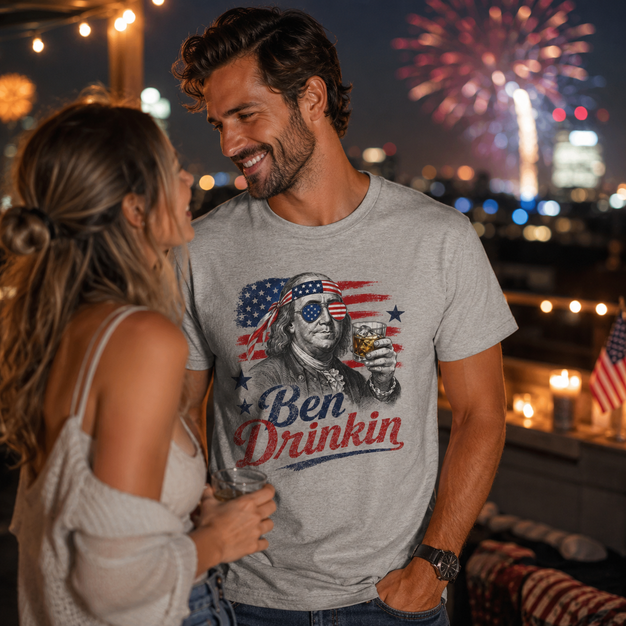 Ben Drinkin' T-Shirt — Patriotic Benjamin Franklin Graphic Tee