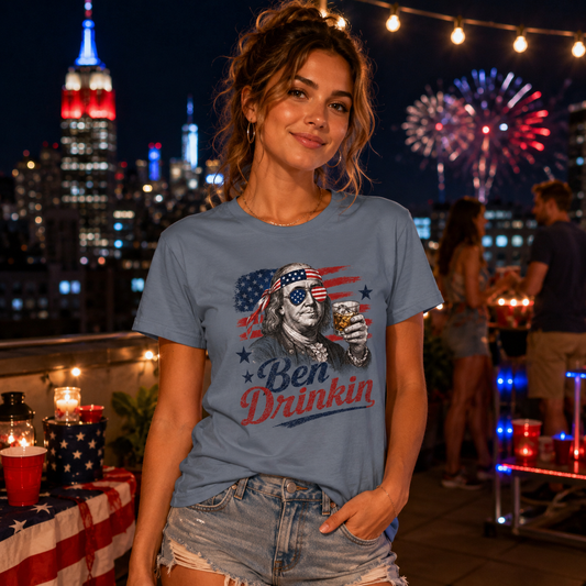 Ben Drinkin' T-Shirt — Patriotic Benjamin Franklin Graphic Tee