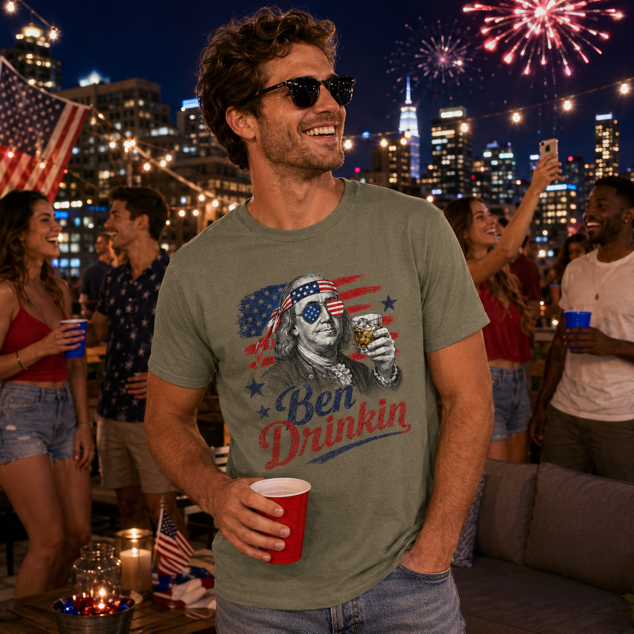 Ben Drinkin' T-Shirt — Patriotic Benjamin Franklin Graphic Tee