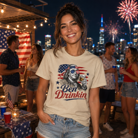Ben Drinkin' T-Shirt — Patriotic Benjamin Franklin Graphic Tee