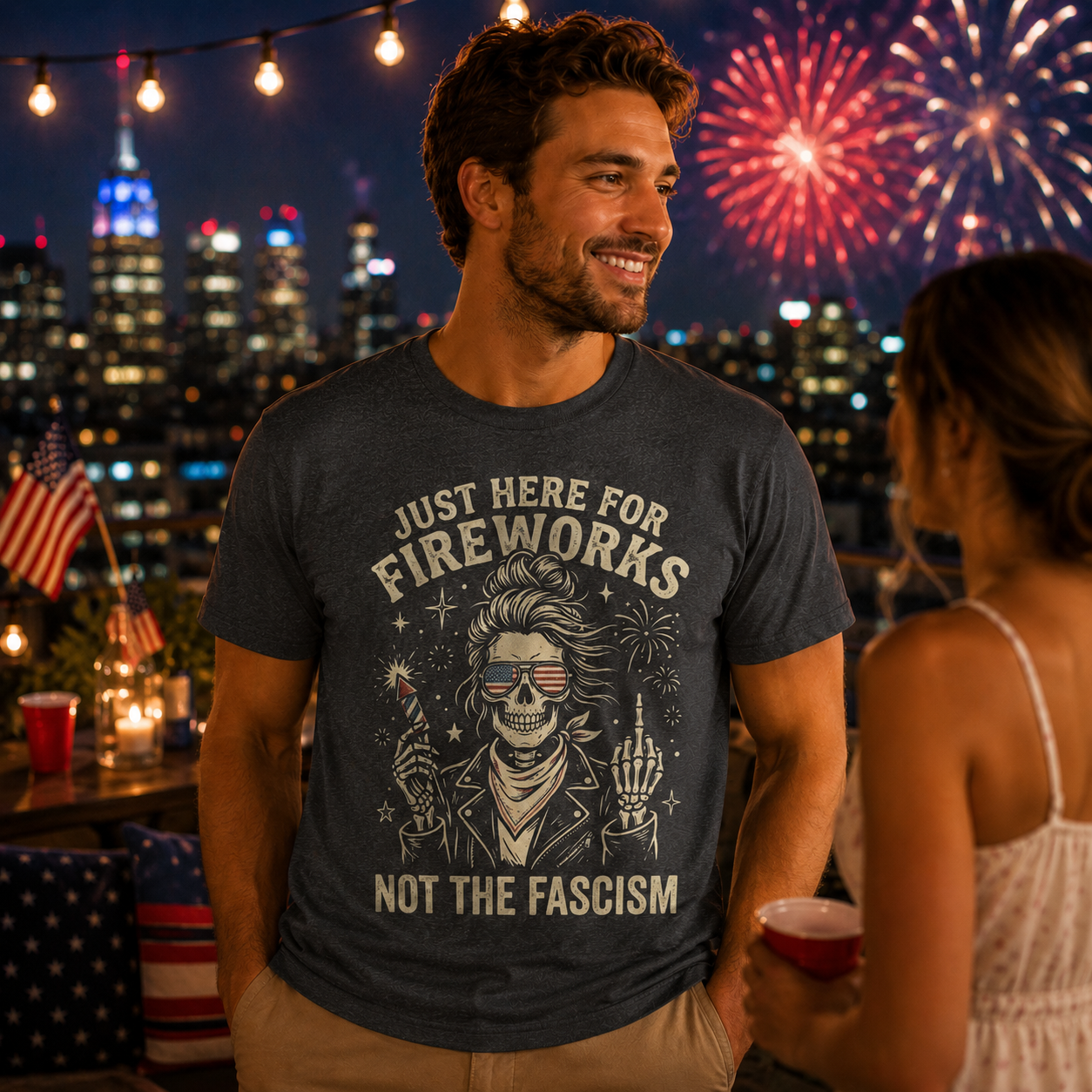 Just Here for Fireworks T-Shirt — Patriotic 4th of July Graphic Tee