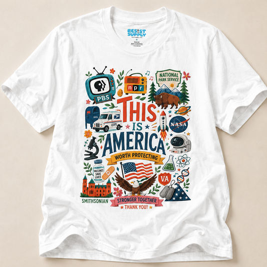 This Is America Graphic T‑Shirt — Patriotic USA Icons Tee (PBS, NPR, NASA)
