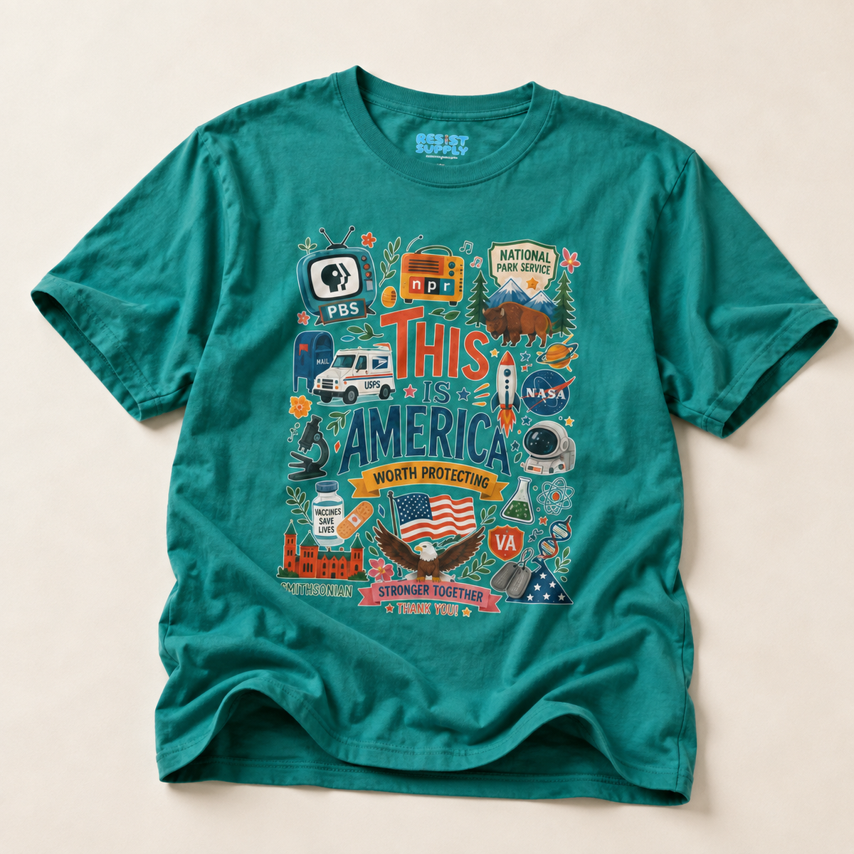This Is America Graphic T‑Shirt — Patriotic USA Icons Tee (PBS, NPR, NASA)