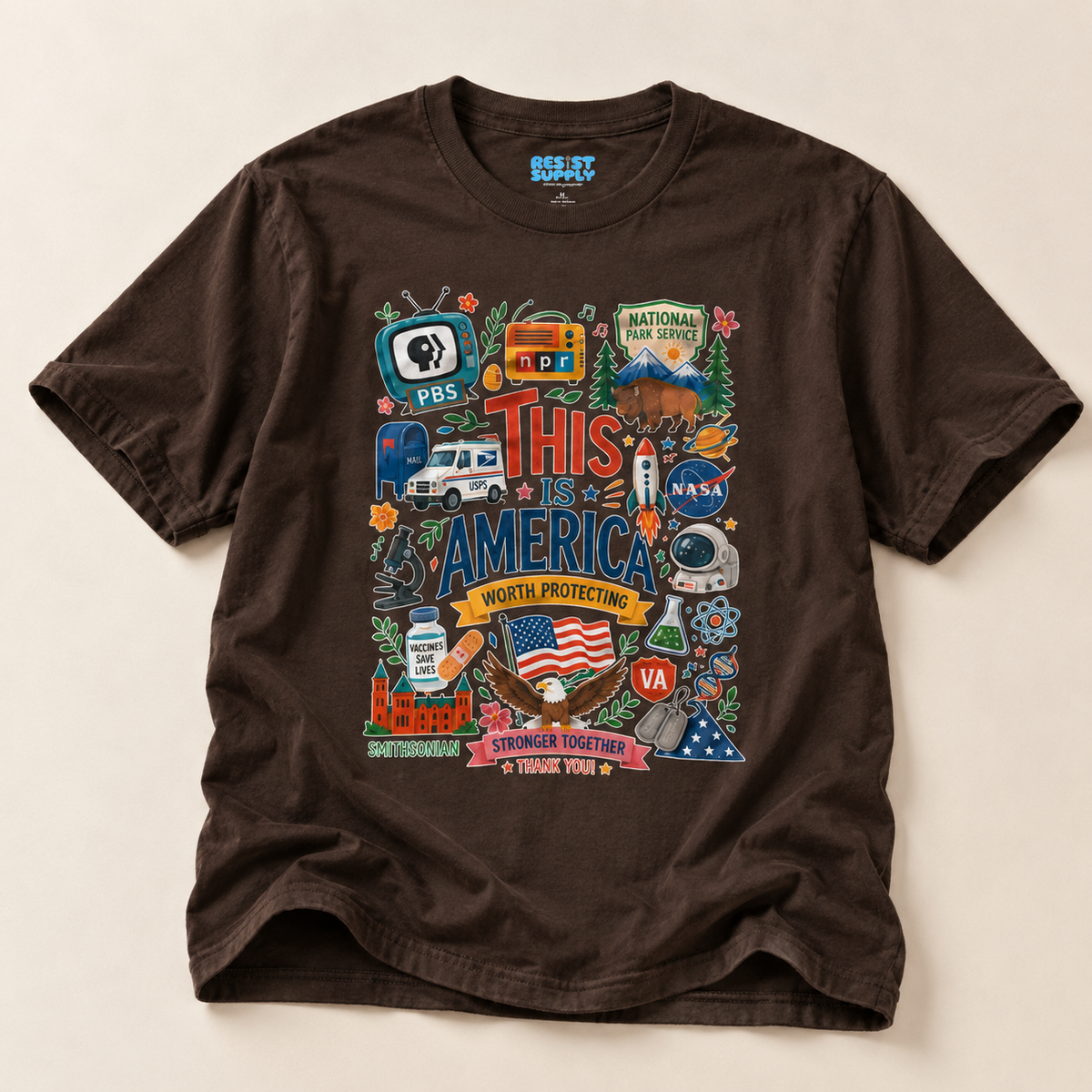 This Is America Graphic T‑Shirt — Patriotic USA Icons Tee (PBS, NPR, NASA)