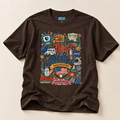 This Is America Graphic T‑Shirt — Patriotic USA Icons Tee (PBS, NPR, NASA)
