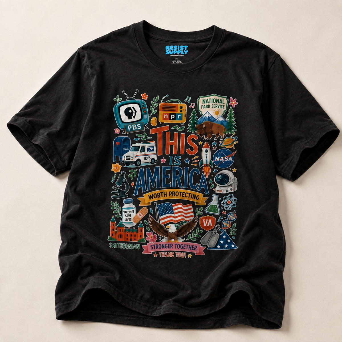 This Is America Graphic T‑Shirt — Patriotic USA Icons Tee (PBS, NPR, NASA)