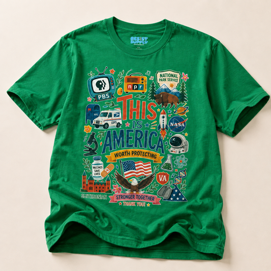 This Is America Graphic T‑Shirt — Patriotic USA Icons Tee (PBS, NPR, NASA)