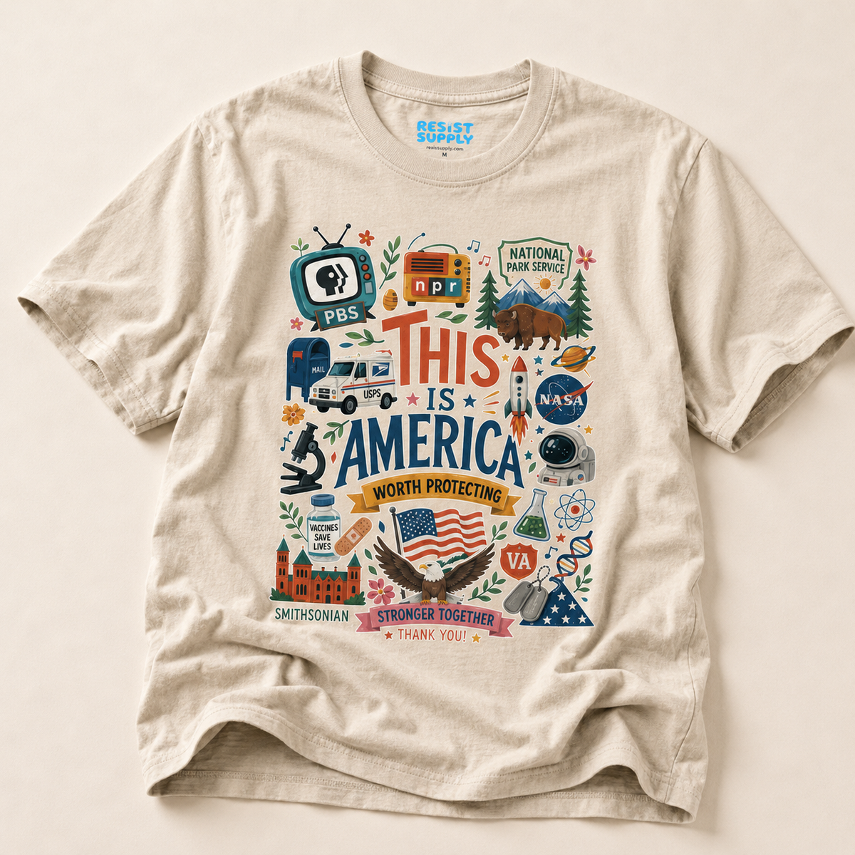 This Is America Graphic T‑Shirt — Patriotic USA Icons Tee (PBS, NPR, NASA)