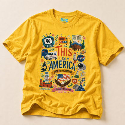 This Is America Graphic T‑Shirt — Patriotic USA Icons Tee (PBS, NPR, NASA)
