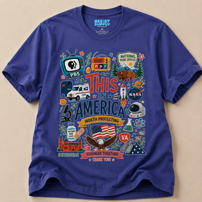 This Is America Graphic T‑Shirt — Patriotic USA Icons Tee (PBS, NPR, NASA)