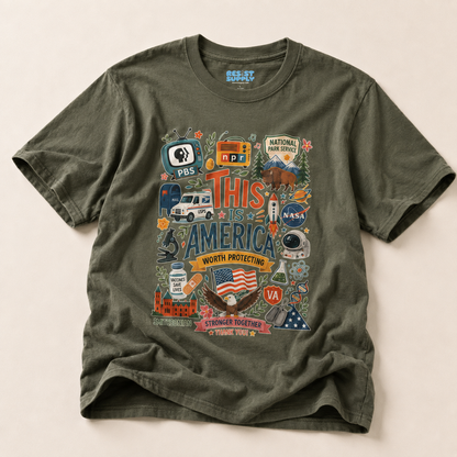 This Is America Graphic T‑Shirt — Patriotic USA Icons Tee (PBS, NPR, NASA)