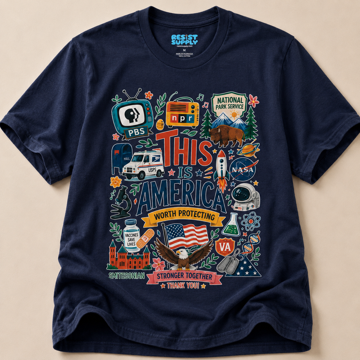This Is America Graphic T‑Shirt — Patriotic USA Icons Tee (PBS, NPR, NASA)