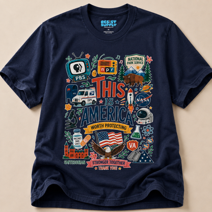 This Is America Graphic T‑Shirt — Patriotic USA Icons Tee (PBS, NPR, NASA)