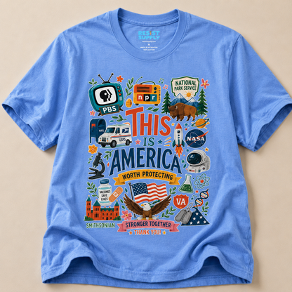 This Is America Graphic T‑Shirt — Patriotic USA Icons Tee (PBS, NPR, NASA)