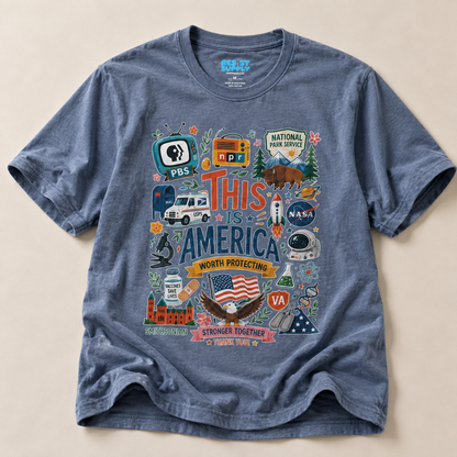 This Is America Graphic T‑Shirt — Patriotic USA Icons Tee (PBS, NPR, NASA)