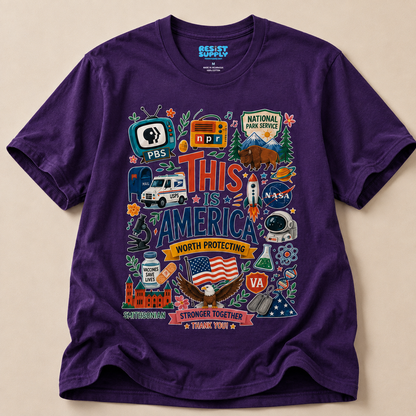 This Is America Graphic T‑Shirt — Patriotic USA Icons Tee (PBS, NPR, NASA)
