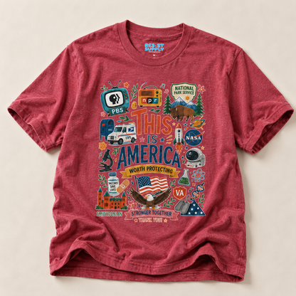 This Is America Graphic T‑Shirt — Patriotic USA Icons Tee (PBS, NPR, NASA)