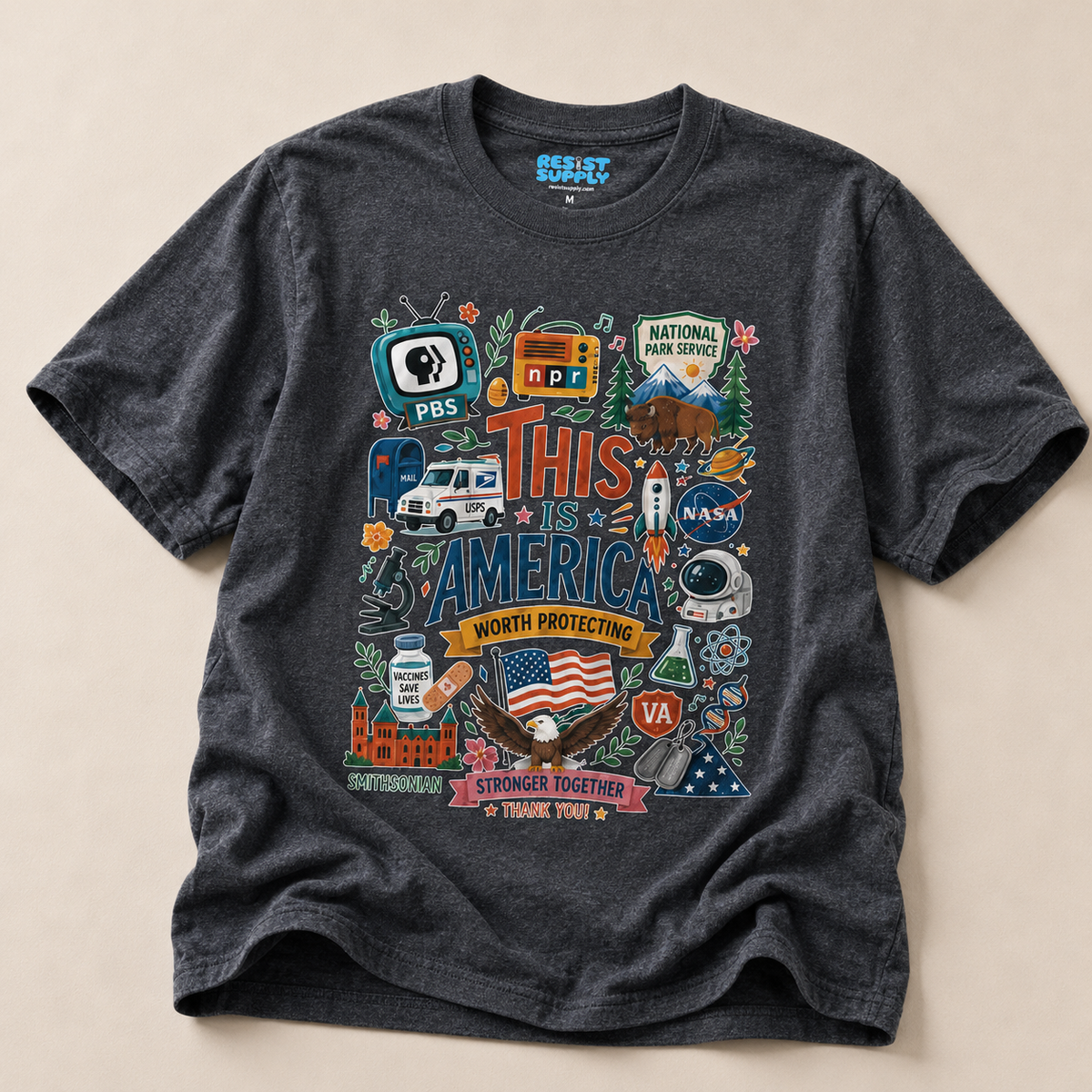 This Is America Graphic T‑Shirt — Patriotic USA Icons Tee (PBS, NPR, NASA)