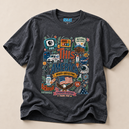 This Is America Graphic T‑Shirt — Patriotic USA Icons Tee (PBS, NPR, NASA)
