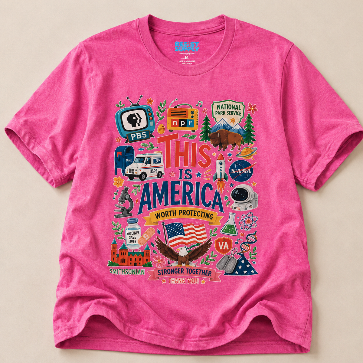 This Is America Graphic T‑Shirt — Patriotic USA Icons Tee (PBS, NPR, NASA)