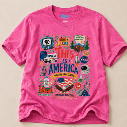 This Is America Graphic T‑Shirt — Patriotic USA Icons Tee (PBS, NPR, NASA)