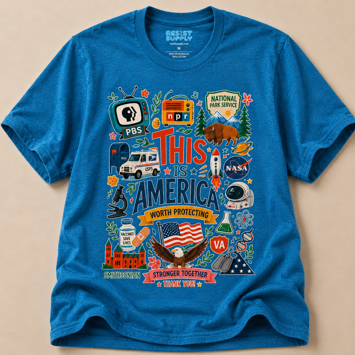 This Is America Graphic T‑Shirt — Patriotic USA Icons Tee (PBS, NPR, NASA)