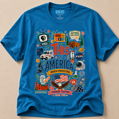This Is America Graphic T‑Shirt — Patriotic USA Icons Tee (PBS, NPR, NASA)
