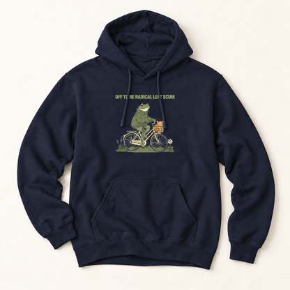 A navy blue pullover hoodie with a front kangaroo pocket and drawstring hood, featuring a graphic of a green frog riding a bicycle with the text 'OFF TO BE RADICAL LEFT SCUM' above it, displayed on a light beige background.