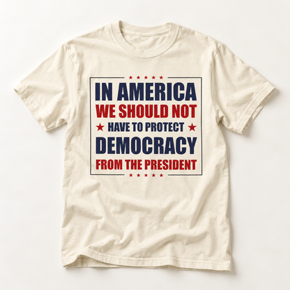 Political Statement T-Shirt — "In America We Should Not Have to Protect Democracy From the President"