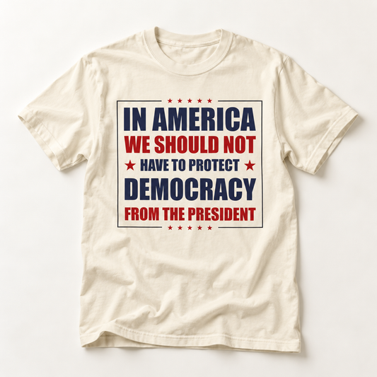 Political Statement T-Shirt — "In America We Should Not Have to Protect Democracy From the President"