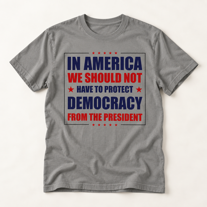 Political Statement T-Shirt — "In America We Should Not Have to Protect Democracy From the President"