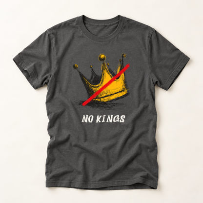 A dark gray crewneck t-shirt featuring a graphic of a gold crown with a red diagonal slash and the text 'NO KINGS' printed below in white.