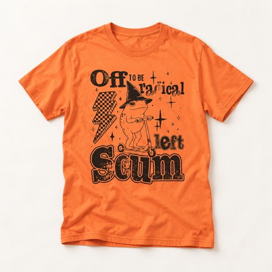 Graphic T-Shirt — "Off to Be Radical Left Scum" Retro Cartoon Tee