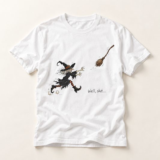 Witchy Broom Mishap T-Shirt — 'Well, Shit...' Halloween Graphic Tee