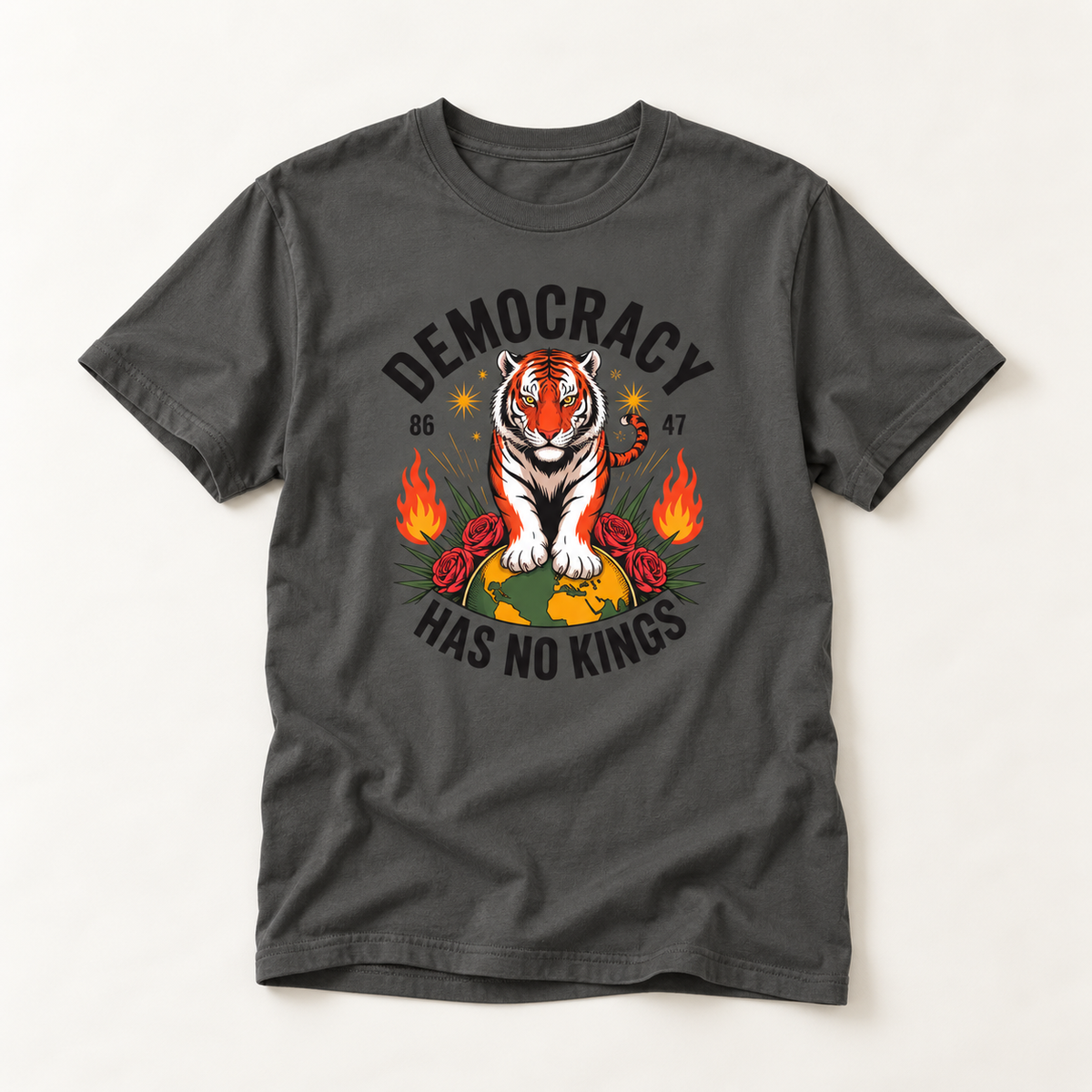 Democracy Has No Kings T-Shirt — Retro Tiger Political Graphic Tee