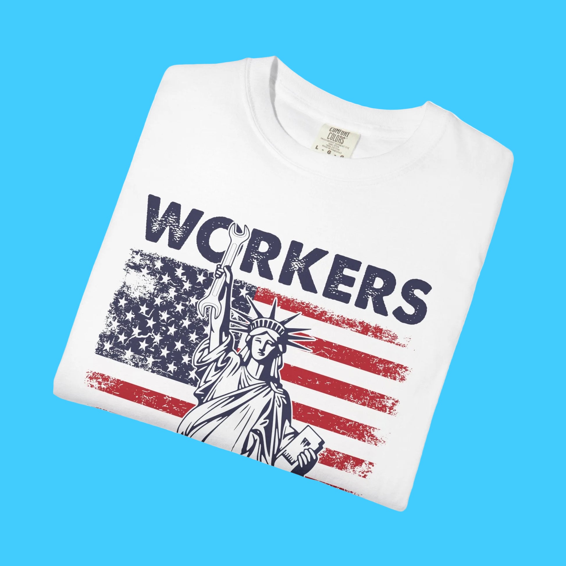 White t-shirt with American flag and Statue of Liberty graphic on a white background
