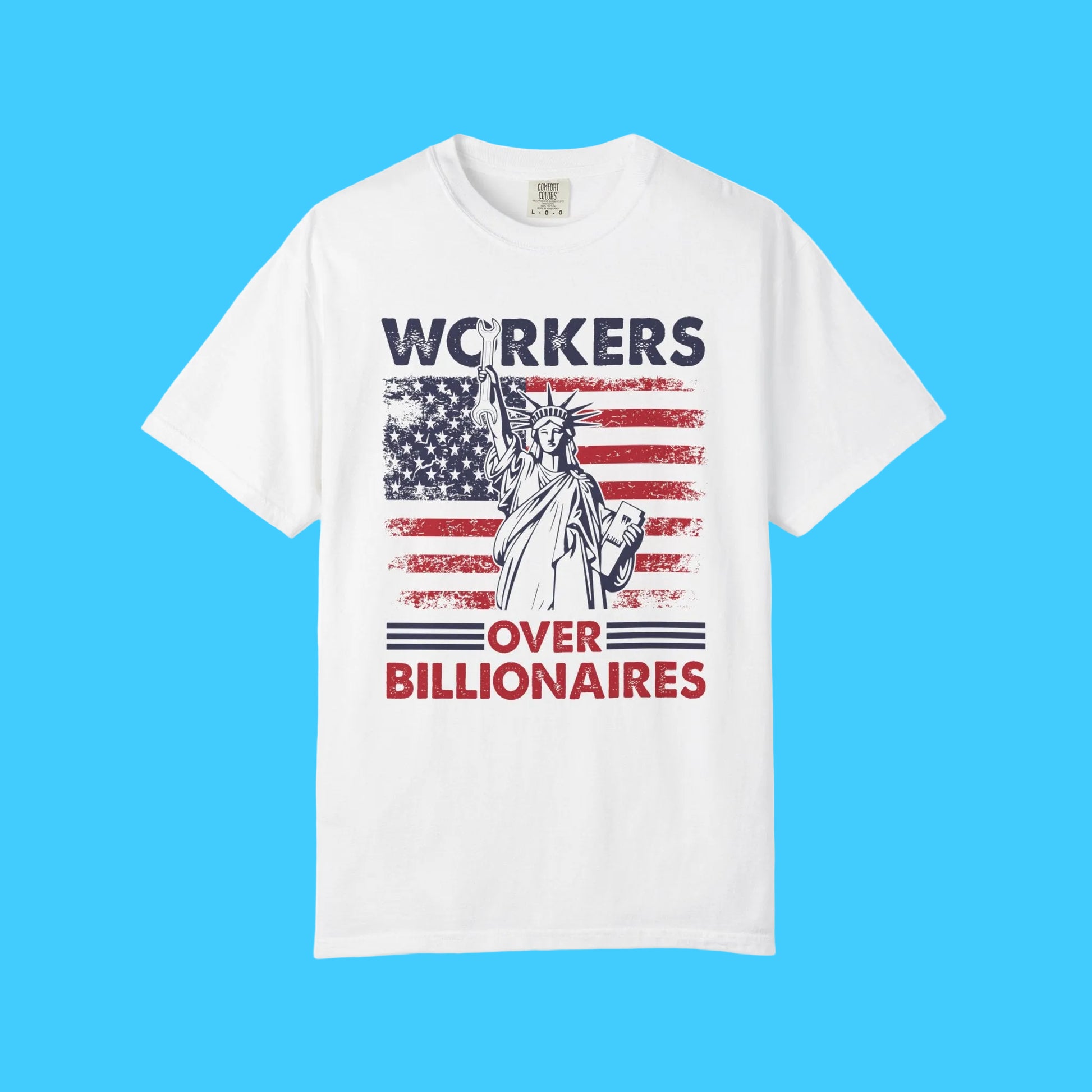 White t-shirt with graphic design and text on a white background