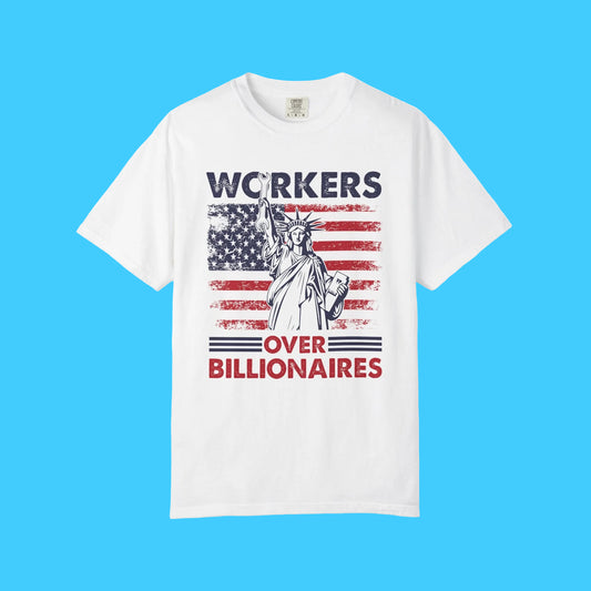 White t-shirt with graphic design and text on a white background