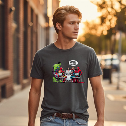 Jesus & Superheroes Coffee Break T-Shirt – Garment Dyed Heavyweight Tee | Funny Graphic Shirt