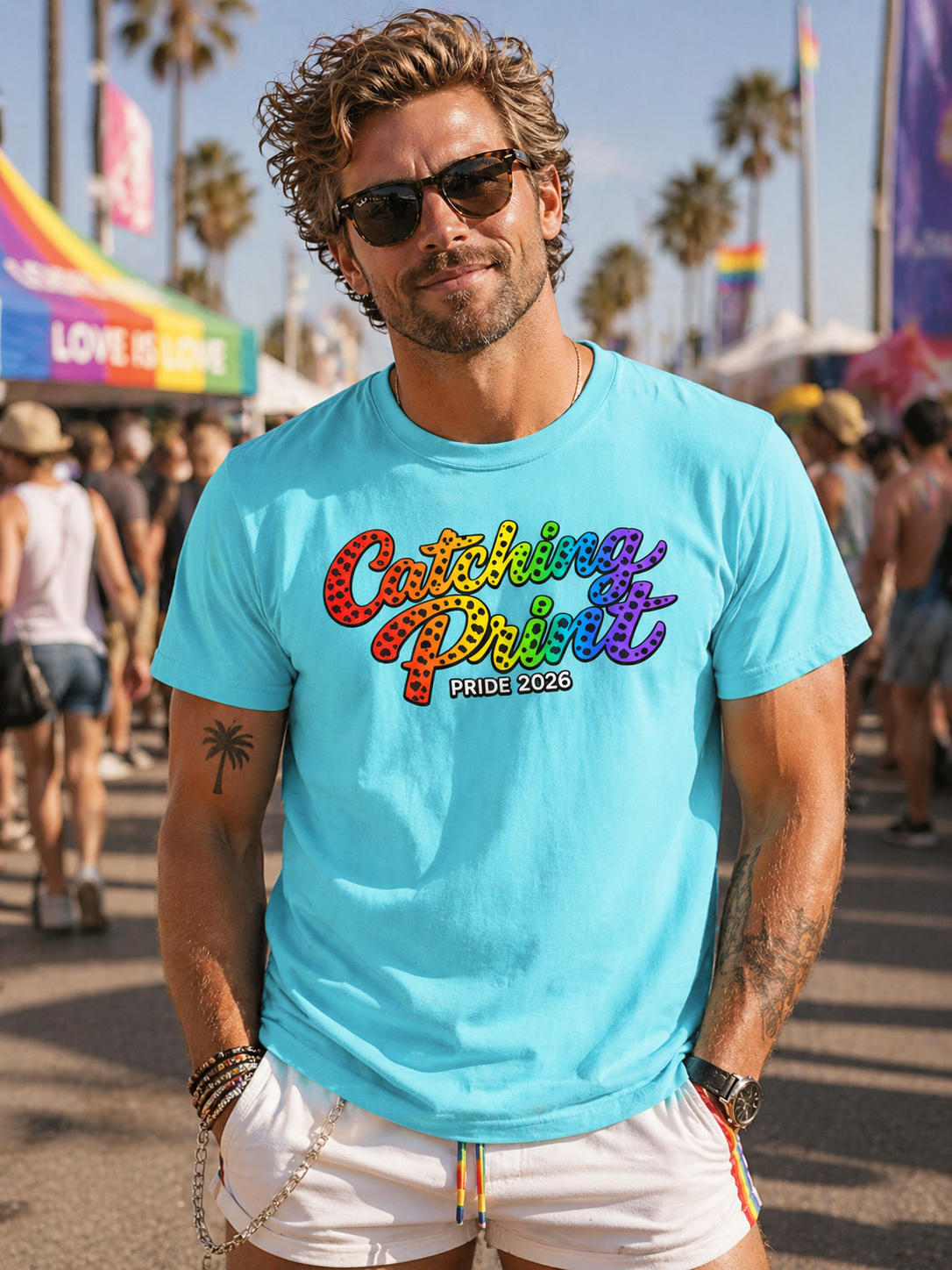 Man wearing a blue t-shirt with colorful text at a Pride event.