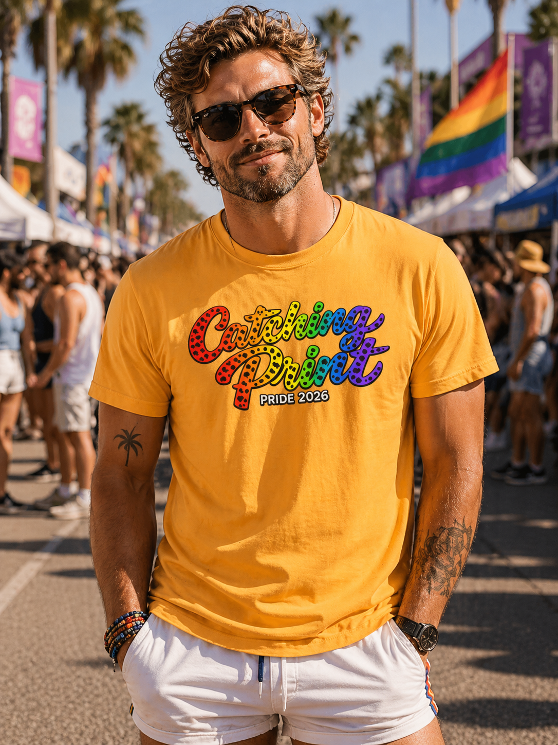 Man wearing a yellow t-shirt with colorful text at a Pride event.