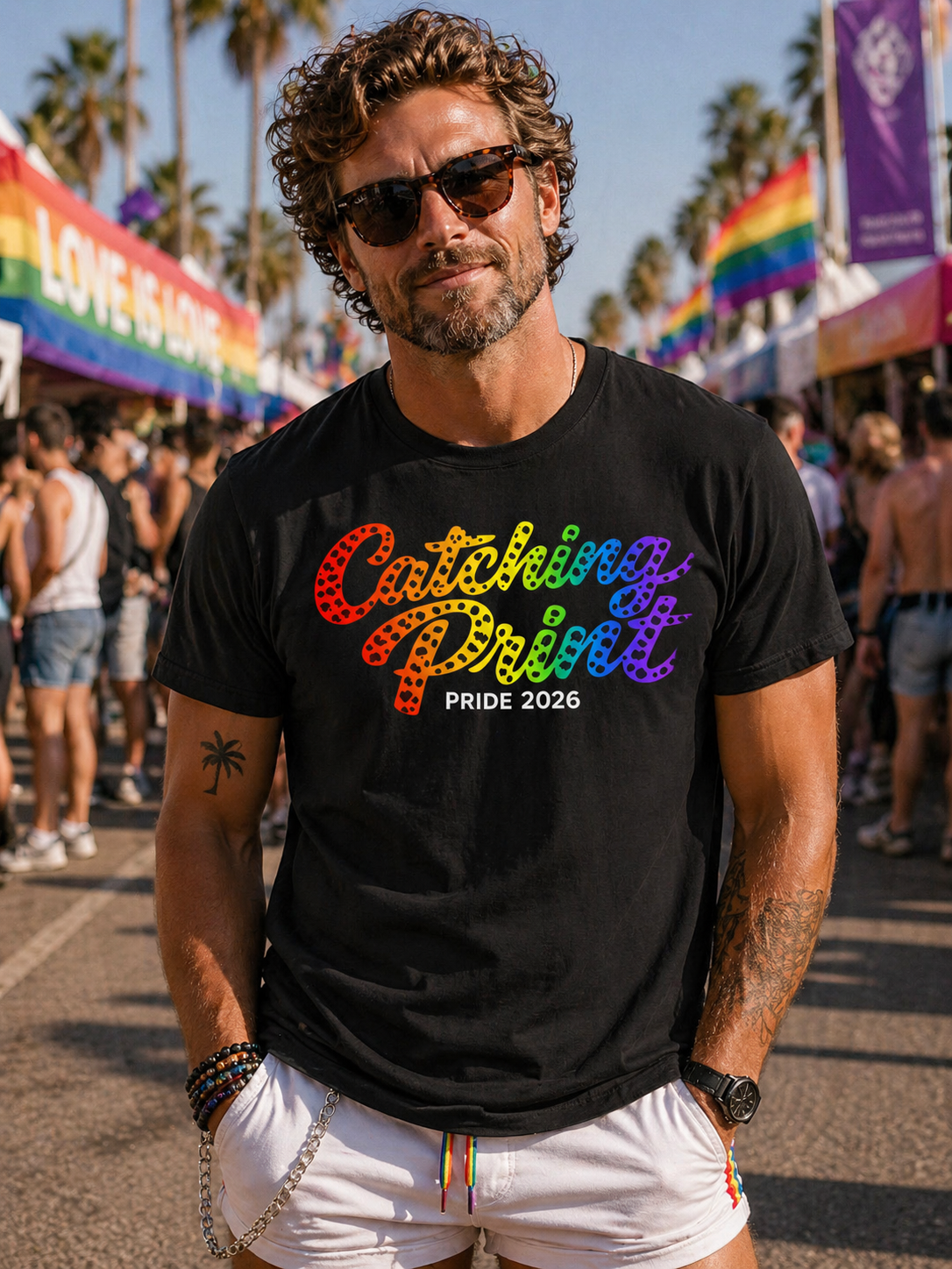 Man wearing a black t-shirt with rainbow text at a Pride event.