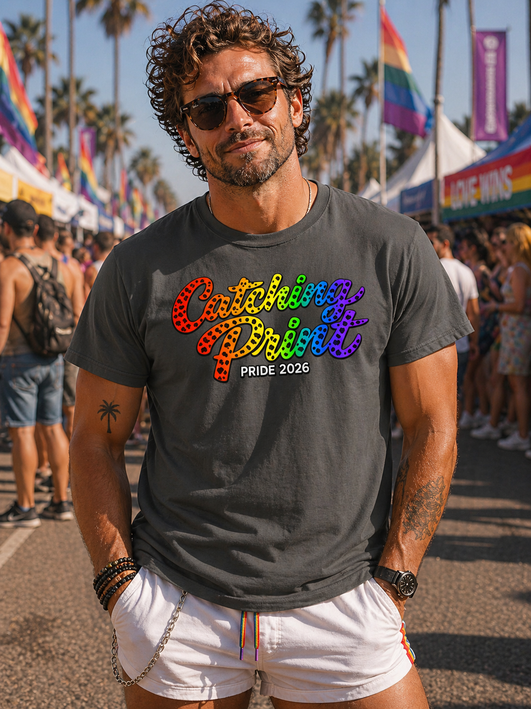 Man wearing a colorful 'Pride 2026' t-shirt at a festival with palm trees and rainbow flags in the background.