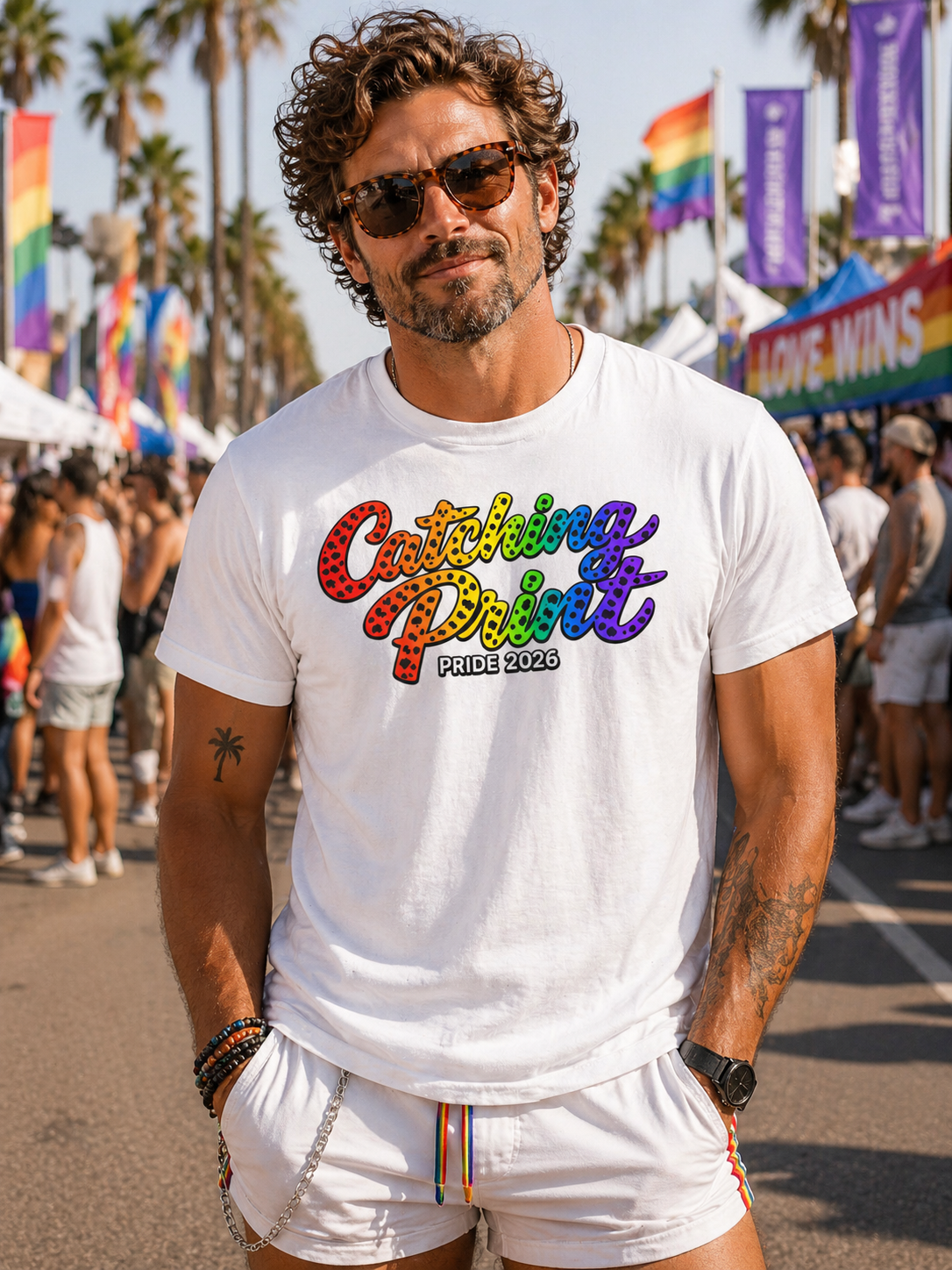 Man wearing a white t-shirt with colorful text at a Pride event.
