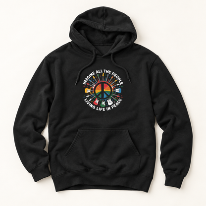 A black pullover hoodie with a colorful graphic on the chest featuring a peace sign made of musical instruments and the text 'IMAGINE ALL THE PEOPLE LIVING LIFE IN PEACE'.