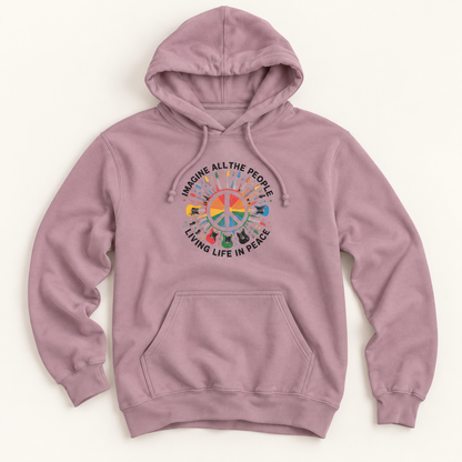 A dusty rose pink pullover hoodie with a colorful peace-themed graphic on the chest, displayed flat against a light cream background.