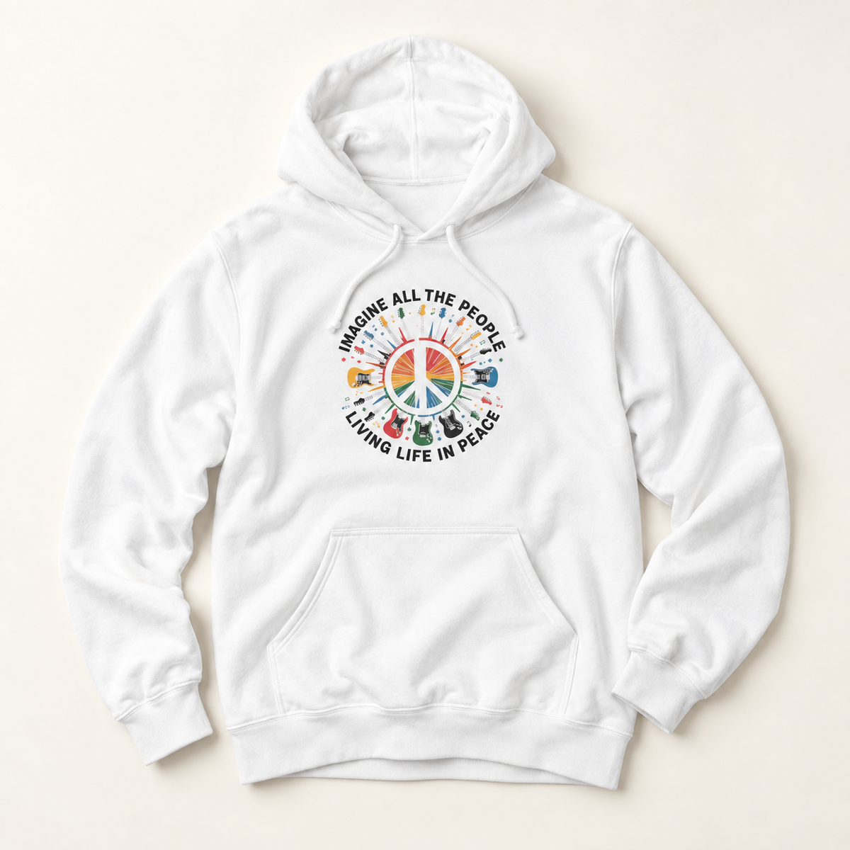 A white pullover hoodie with a colorful retro peace-sign graphic on the chest, displayed flat against a light beige background.