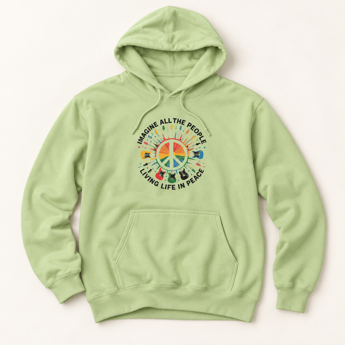 A light green pullover hoodie with a colorful peace sign graphic on the chest, displayed flat against a light beige background.