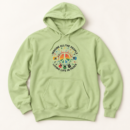 A light green pullover hoodie with a colorful peace sign graphic on the chest, displayed flat against a light beige background.