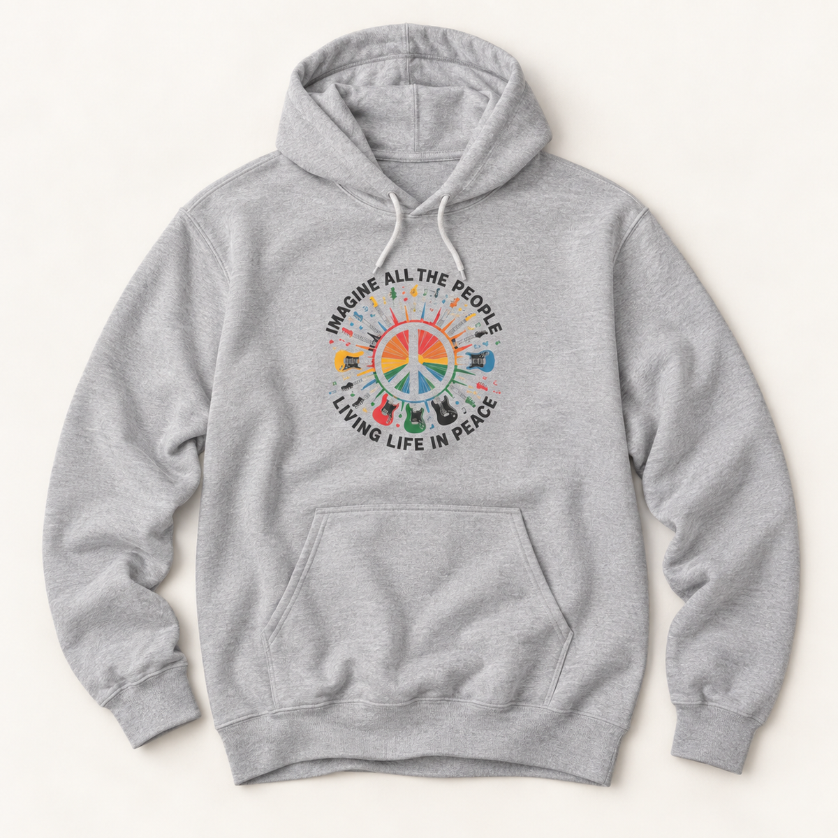 A light gray heather pullover hoodie with a colorful peace sign graphic on the chest, featuring the text 'IMAGINE ALL THE PEOPLE LIVING LIFE IN PEACE' and small multicolored icons around the circle, shown on a light beige background.
